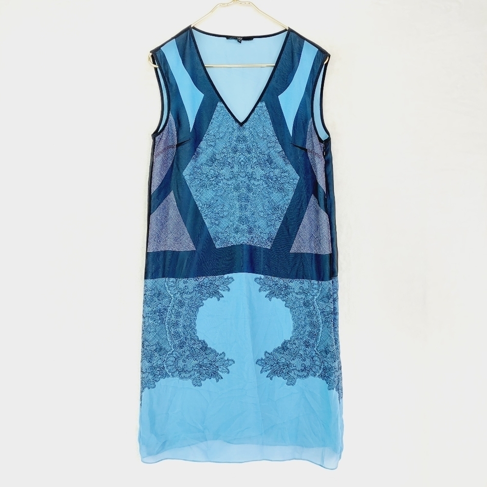 Tibi Blue Silk Summer Sleeveless Midi Straight Business Casual Dress P6264